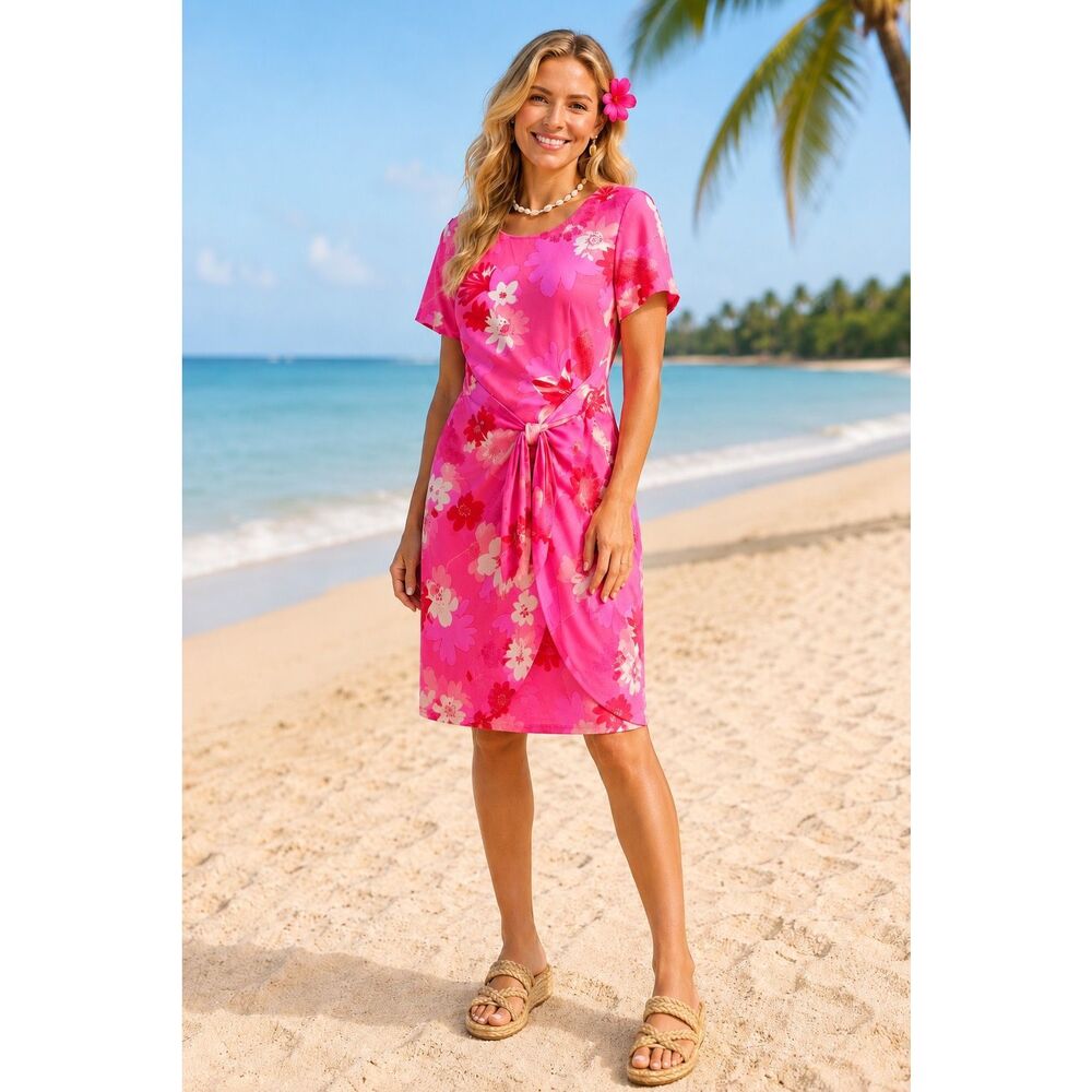 Vintage Maggy London Womens Pink Floral 100% Silk Mini Wrap Dress Size 10